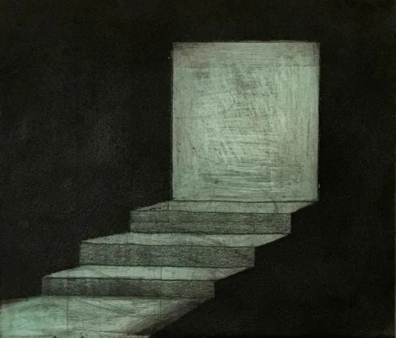 A drawing of stairs leading to a door Description automatically generated