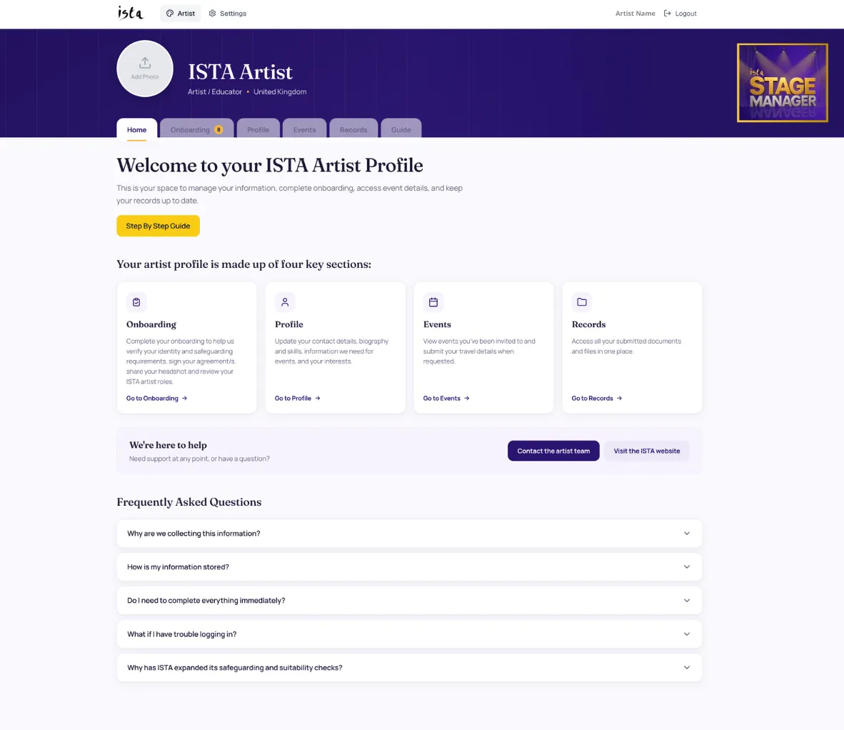 A capture of the ISTA artist profile