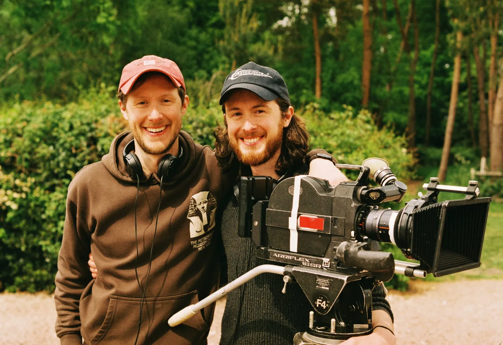 Elliot and Zander Weaver together behind a film camera while shooting Nightstone in 2025.