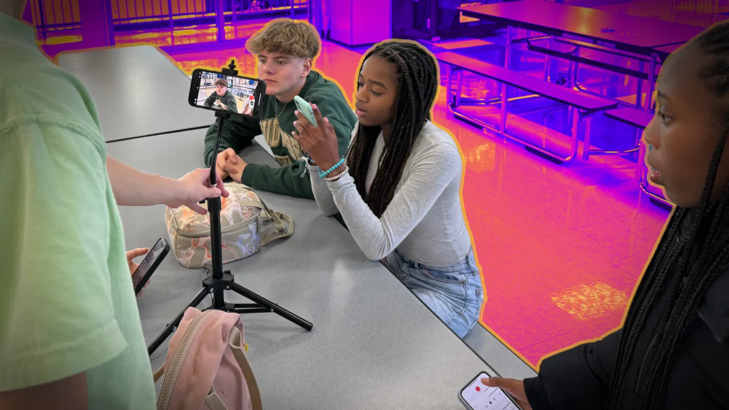 Young people using phones to film and create.